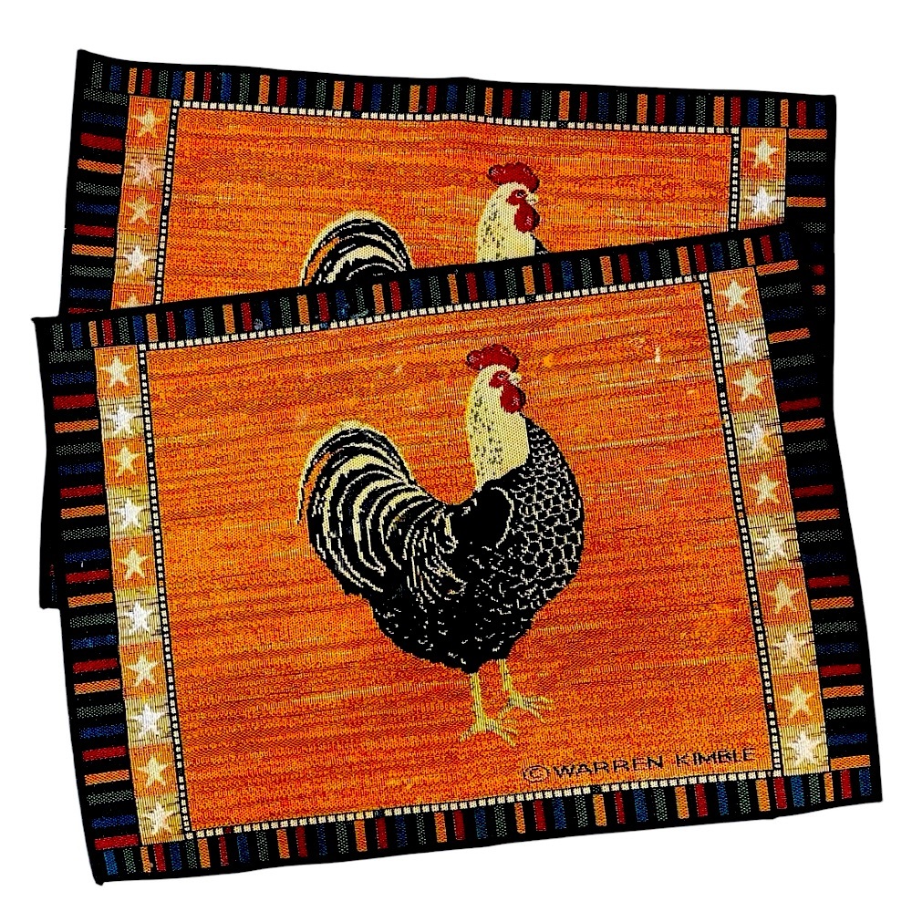 WARREN KIMBLE 2x Rooster Tapestry Placemats orange with multi color border new